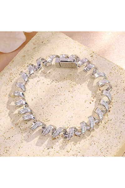 Choice سوار راكول الجديد الرقيق الملتوي المصنوع من الذهب الأبيض والمرصّع بالز...