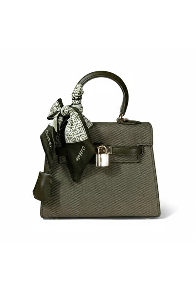 Chrisbella حقيبة يد فاخرة بلون أخضر عسكري مع وشاح وقفل - حقيبة أنيقة بمقبض علوي