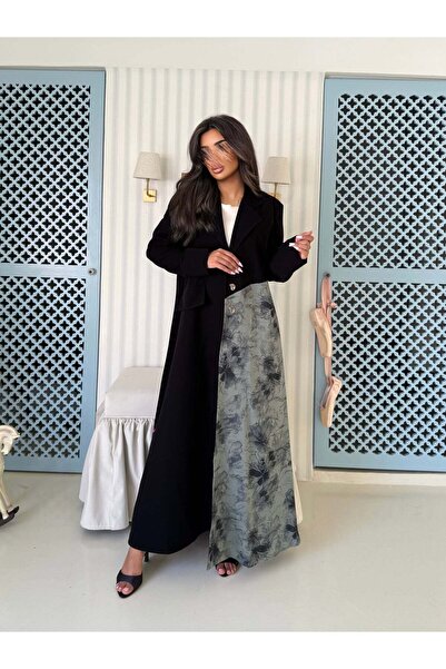 AYA MWT971 - عباية بليزر مع اضافه قماش حرير زيتي من الجنب