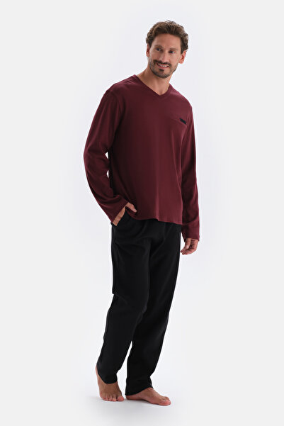 Dagi Burgundy V-Neck Long Sleeve Cotton Pajama Set