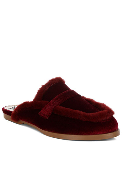 london Rag Women Fur Detail Velvet Slip-On Mules in Burgundy