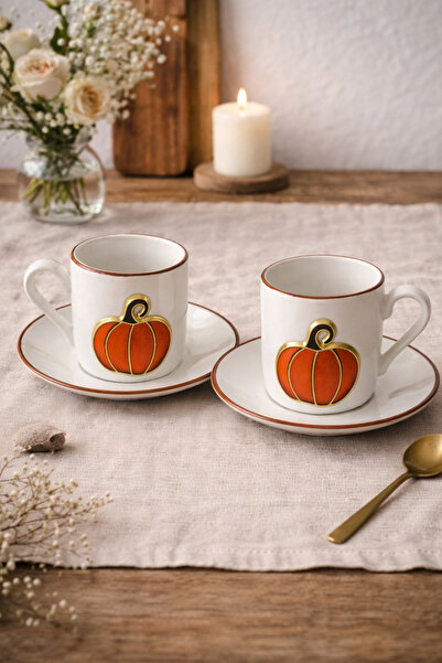 Evila 4 Piece 2 Person Pumpkin Patterned Porcelain Turkish Coffee Cup Set