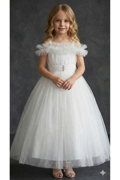 ay yılmaz Kız Çocuk Tarlatanlı Prenses Model Gelinlik Abiye Elbise Kolu Askılı
