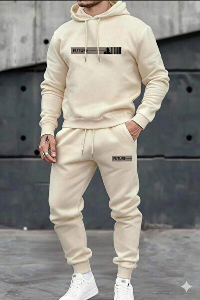 CAST COLLECTİON طقم سويت شيرت رياضي بقلنسوة للرجال باللون البيج من Future مطبوع