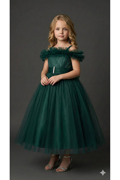 ay yılmaz Kız Çocuk Tarlatanlı Prenses Model Gelinlik Abiye Elbise Broşlu ZÜM...