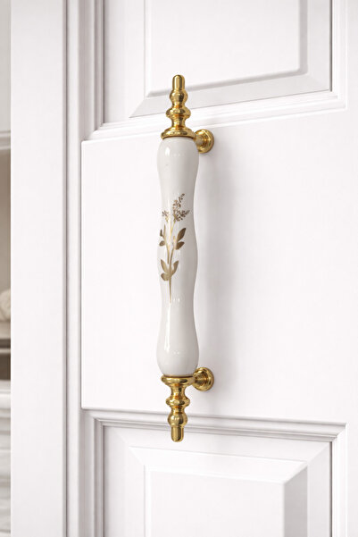 Arvax 128 mm. Porselen Altın Lüks Mobilya Kulpu Mutfak Dolap Çekmece Kulp Mod...