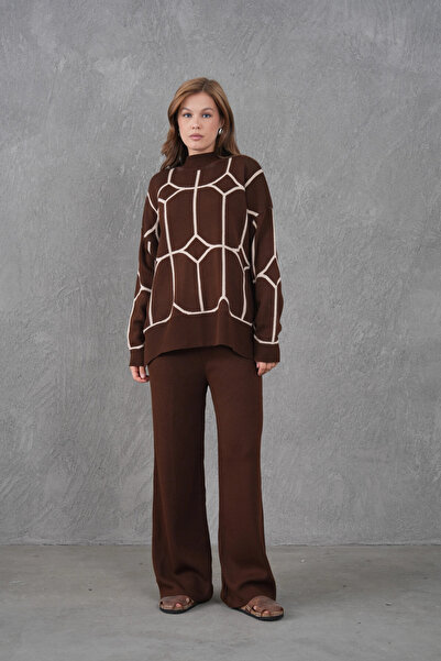 Park Karon Women's Mock Neck Patterned Oversized Sweater Trousers Knitwear Bo...