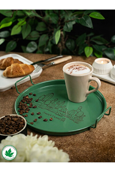 linmetal 24cm Metal Kulplu Tepsi (Kaktüs Baskılı) Yeşil Yeşil