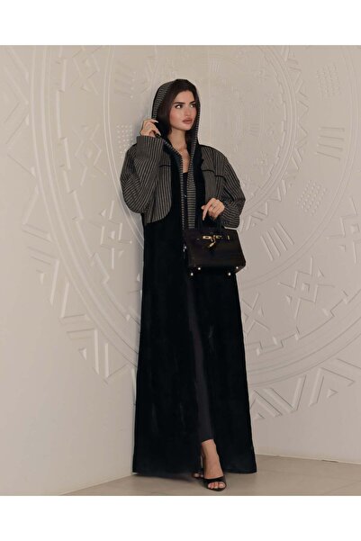 AYA MWT816 - Velvet abaya with striped trim