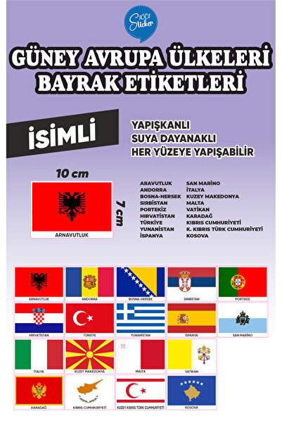 1001 sticker GÜNEY AVRUPA ÜLKELERİ BAYRAK ETİKETLERİ