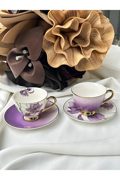 MD MİMOZA DEKOR Turkish Coffee Cup Orchid 2 Person Set 4 Pieces