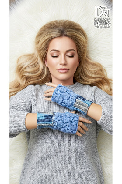 drt tasarım Yaprak Stil Parmaksız Vintage Eldiven Mavi