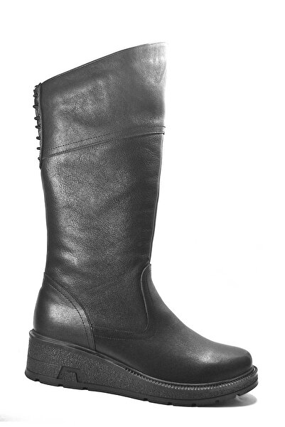 Onlo Ayakkabı 3120 Genuine Leather Black Zippered Wedge Heeled Women's Boots