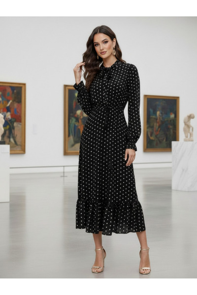 Modayakamoz Νέα σεζόν Γυναικείο μακρυμάνικο φόρεμα με κορδόνια και γιακά πουά...