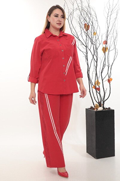 JERFİ Women's Black Striped and Stone-Detail Plus Size Double Set