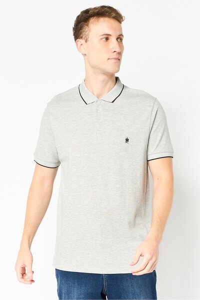 French Connection Men Regular Fit Brand Logo Short Sleeve Polo Shirt, Light Grey