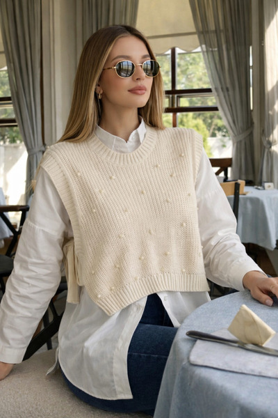 DOQU MILANO YANDAN BAĞLAMALI İNCİ DETAYLI SÜVETER