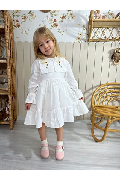 Butik Beyaz Keten Çiçekli Kız Çocuk Elbise