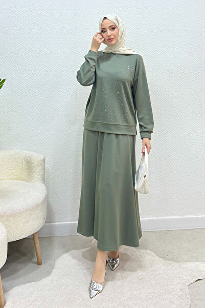 Tesettür Diyarı طقم حجاب من قماش مودال لافندي مزين بالأحجار - لون كاكي