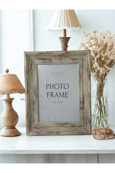 AYHİS DESIGN 15x21 cm Krem Eskitme Vintage Çerçeve – Mat Camlı, Arkalıklı, Du...