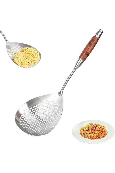 Arabest Large Slotted Spoon with Long Wooden Handle, 304 Stainless Steel Past...