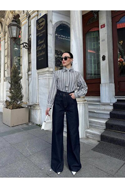 Ecenin Favorileri 100% Cotton Navy Blue Women's Trousers with Cross Button De...