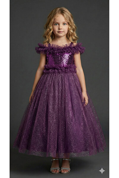 ay yılmaz Kız Çocuk Tarlatanlı Prenses Model Gelinlik Abiye Elbise Pullu Payetli