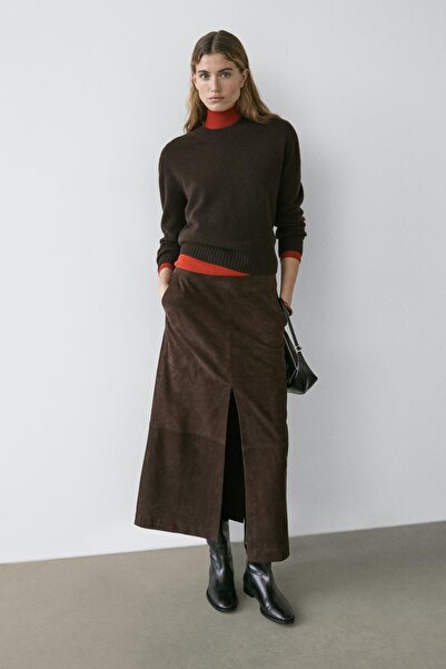 Massimo Dutti Düz nubuk deri midi etek