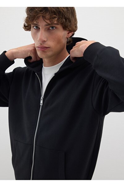 Ovs هودي أسود من مزيج القطن بقصة قصة فضفاضة