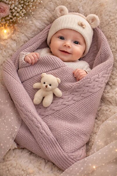 BİLGEN Style Baby Blanket Knitwear Fleece Lined 80X80 Size with Teddy Bear Toy