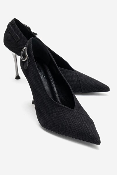LuviShoes POLLY Siyah Desenli Tokalı Kadın Topuklu Ayakkabı