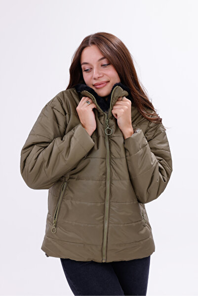 VERA LİFE Women's Plush Collar Zippered Puffer Coat