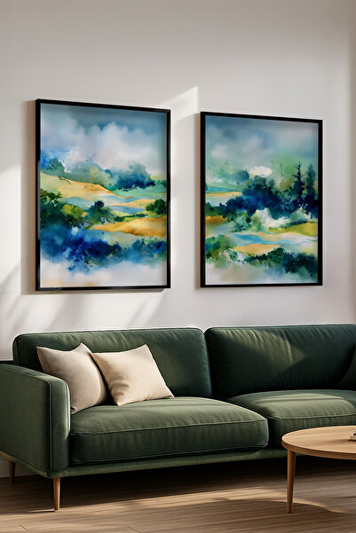 STARYUNA Set de pictură dublă cu cadru din lemn negru, peisaj natural abstrac...