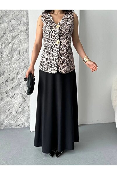 modayaselam Leopard Patterned Vest Skirt Suit