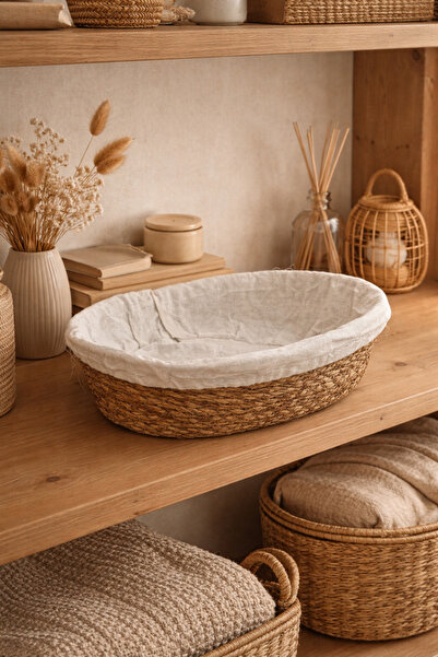 Evila Oval Hasır Doğal Çok Amaçlı Organizer Sepet – Kumaş Astarlı Dekoratif S...