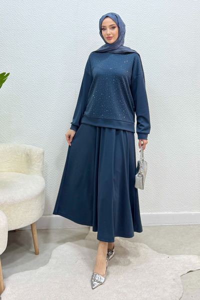 Tesettür Diyarı Stoned Lavendi Modal Fabric Skirt Hijab Set - Smoked