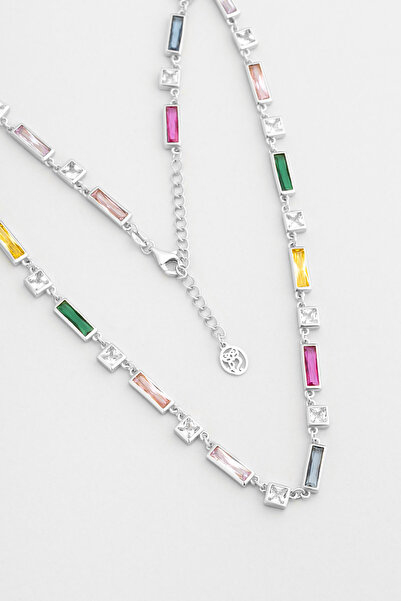 So CHIC... Renkli Baget 18 Ayar Beyaz Altın Kaplama 45 Cm Gümüş Minimal Kolye