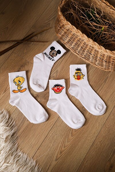 Esinti 4 Pairs Women Men Colorful Patterned White College Socks Cotton Unisex...