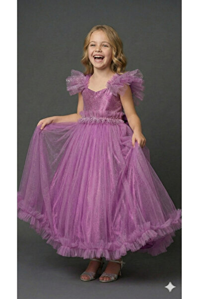 ay yılmaz Kız Çocuk Tarlatanlı Prenses Model Gelinlik Abiye Elbise Payetli LİLA
