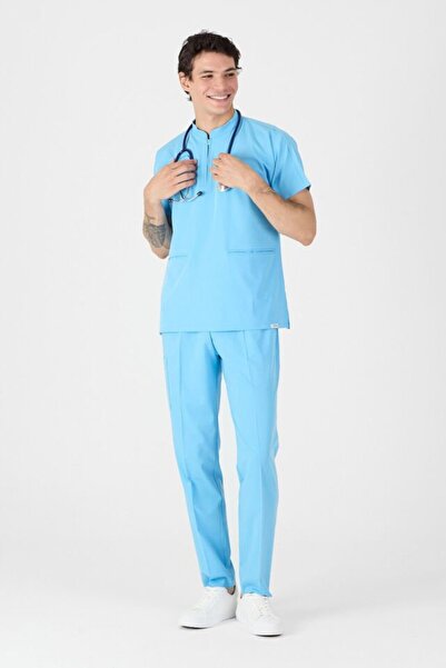 Owlet Medikal Stretch Fabric Sky Blue Zipper Detailed Scrubs