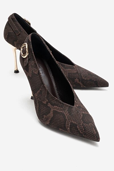 LuviShoes POLLY Kahverengi Desenli Tokalı Kadın Topuklu Ayakkabı