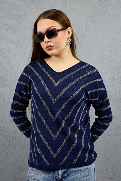 Clothes Fast Women's Navy Blue Glitter Knit Sweater, V Pattern Detail, Long S...