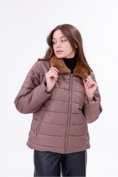 VERA LİFE Women's Plush Collar Zippered Puffer Coat