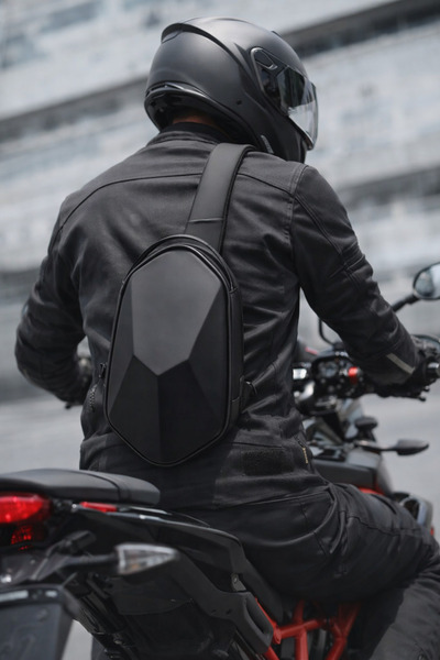 Newish Polo Unisex Black Biker Backpack and Leg and Waist Bag with Hard Front Surface Protection