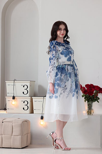 white christmas dresses Chiffon Halter Neck Maxi Dress With Tie Waist In White Blue Floral main image 1
