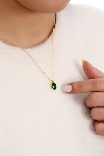 Aviola Yeşil Zirkon Taşlı Altın Kaplama 925 Ayar Gümüş Kolye – Oval Tek Taş