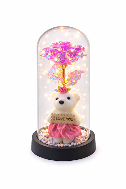 OEM Decorative dome with teddy bear, artificial LED flower and I Love You mes...