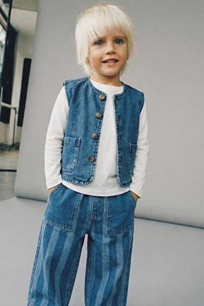 Magu Boy's Blue Denim Vest T-Shirt and Pants Set