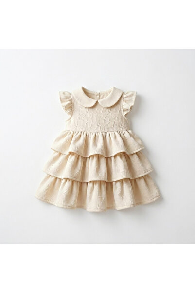 minniobaby Kız Bebek Krem Dokulu Kumaş Arkadan Fermuarlı Astarlı Doğum Günü v...