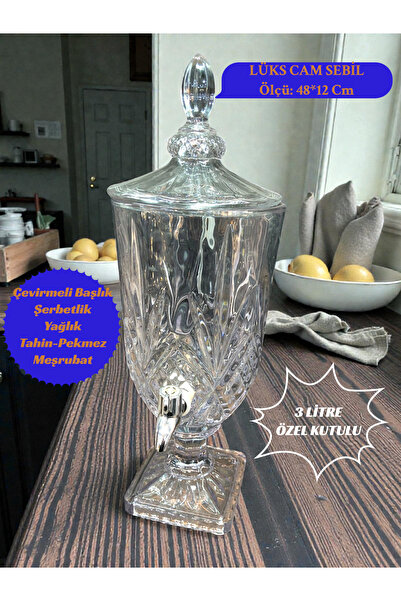 CHANCE GİFT Şeffaf Kristal Desenli Musluklu Şerbetlik Kapaklı Lüks Cam İçecek...